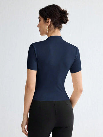 Stand Collar Ruched Shoulder Metallic Button Detail T-Shirt