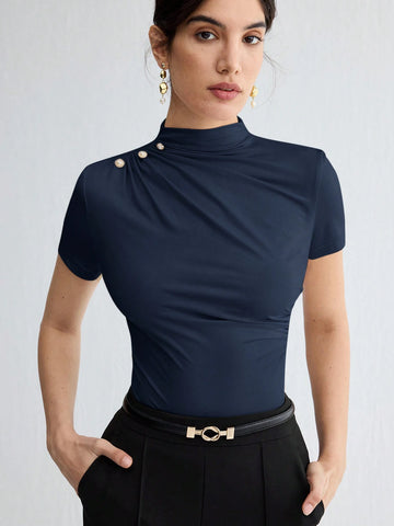Stand Collar Ruched Shoulder Metallic Button Detail T-Shirt