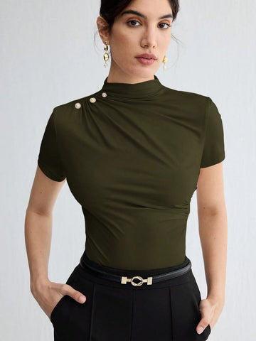 Stand Collar Ruched Shoulder Metallic Button Detail T-Shirt