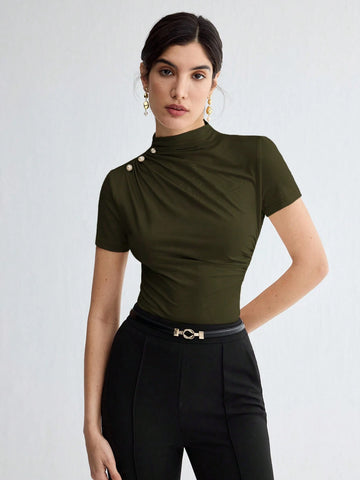 Stand Collar Ruched Shoulder Metallic Button Detail T-Shirt