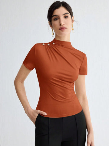 Stand Collar Ruched Shoulder Metallic Button Detail T-Shirt