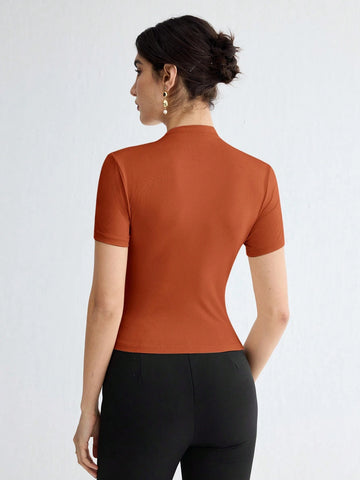 Stand Collar Ruched Shoulder Metallic Button Detail T-Shirt