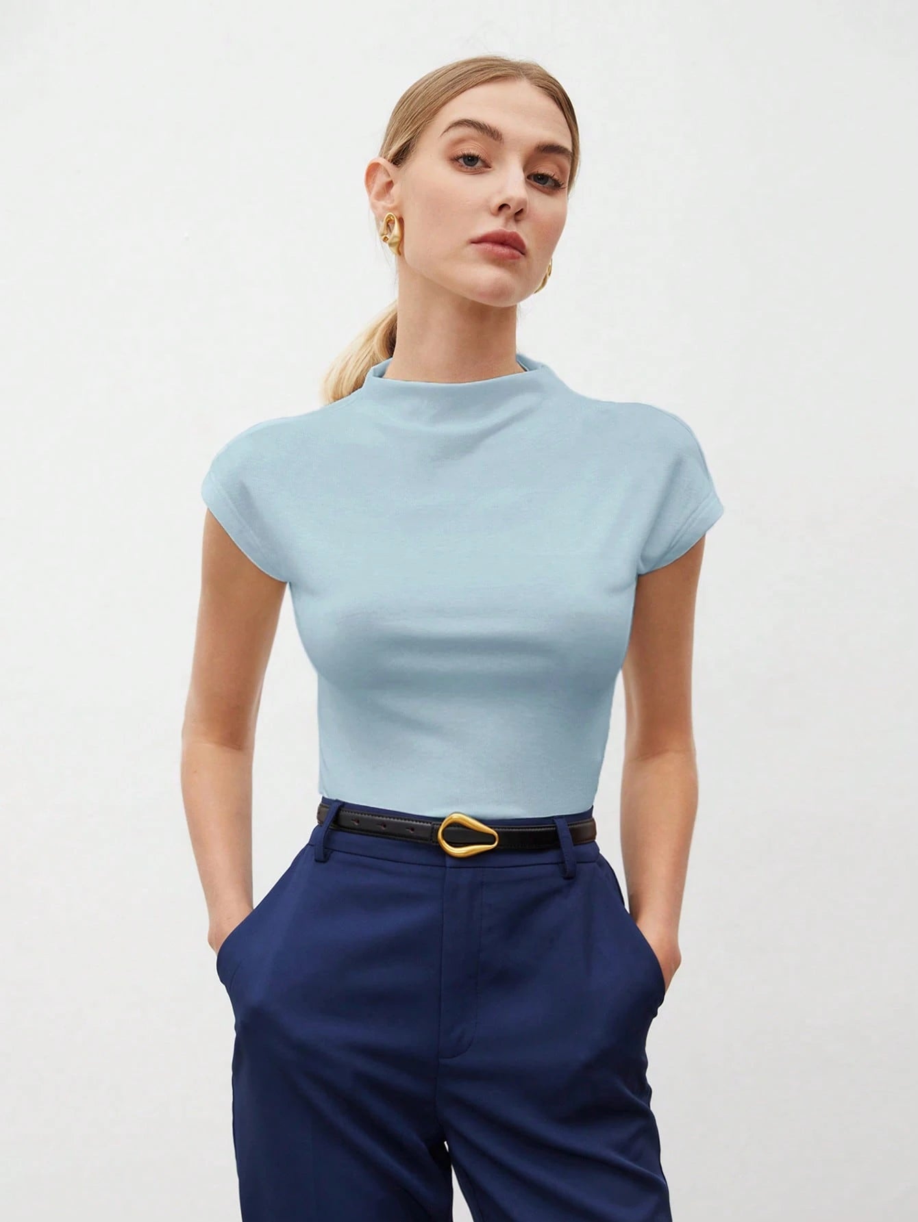 Round Collar Stitched Shoulder Cap Sleeve Women Blouse shein