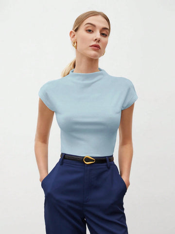 Round Collar Stitched Shoulder Cap Sleeve Women Blouse