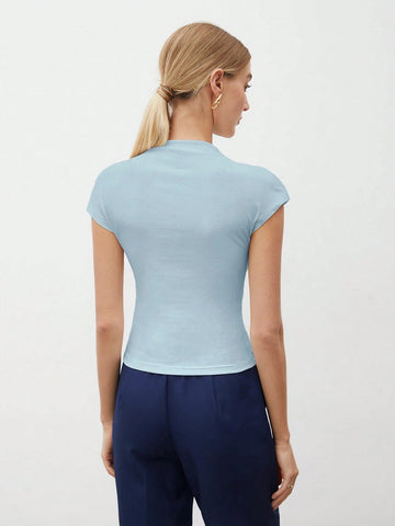 Round Collar Stitched Shoulder Cap Sleeve Women Blouse