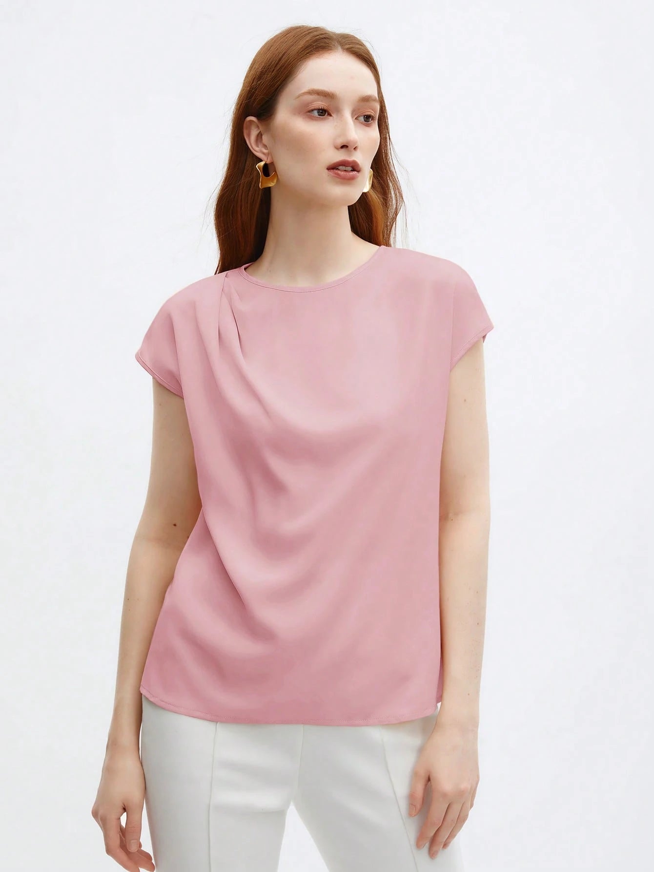 Crew Neck Gathered Shoulder Sleeve Blouse shein