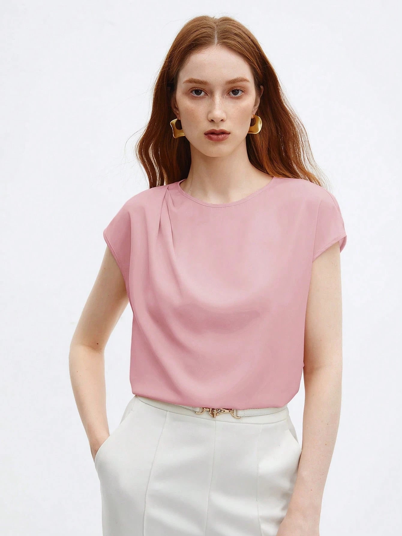 Crew Neck Gathered Shoulder Sleeve Blouse shein
