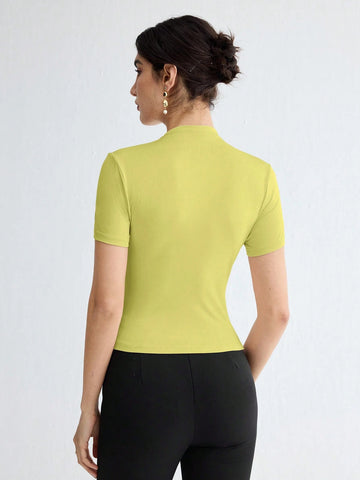 Stand Collar Ruched Shoulder Metallic Button Detail T-Shirt