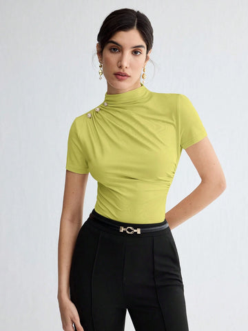 Stand Collar Ruched Shoulder Metallic Button Detail T-Shirt