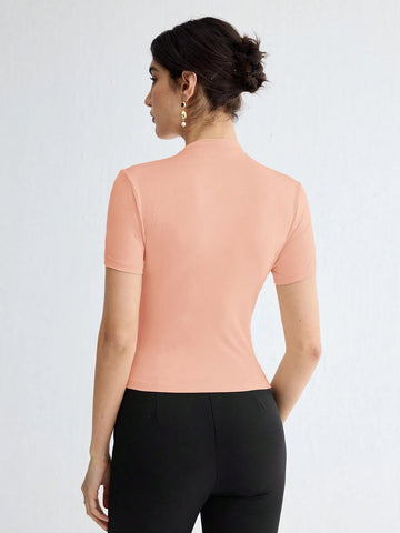 Stand Collar Ruched Shoulder Metallic Button Detail T-Shirt