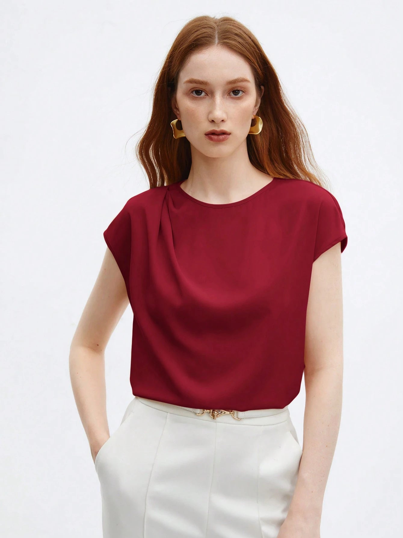 Crew Neck Gathered Shoulder Sleeve Blouse shein