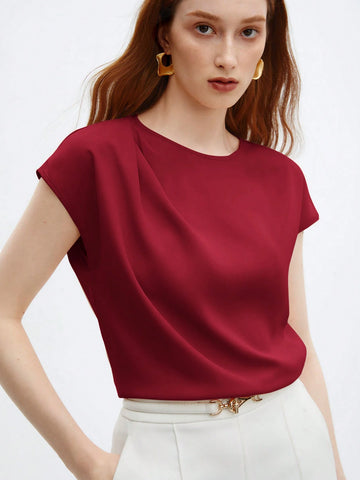 Crew Neck Gathered Shoulder Sleeve Blouse