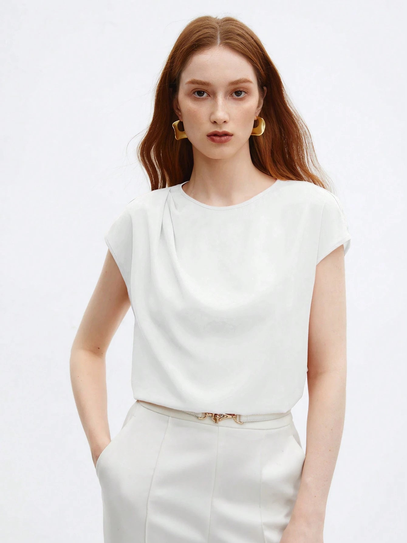 Crew Neck Gathered Shoulder Sleeve Blouse shein