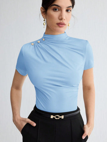 Stand Collar Ruched Shoulder Metallic Button Detail T-Shirt