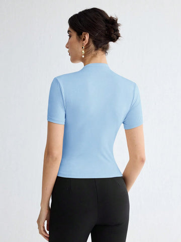 Stand Collar Ruched Shoulder Metallic Button Detail T-Shirt