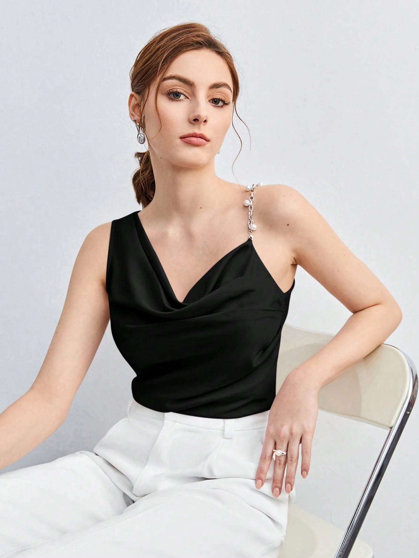 BizChic Pearl Decor Chain Strap Draped Neck Sleeveless Blouse shein