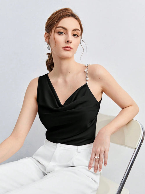 BizChic Pearl Decor Chain Strap Draped Neck Sleeveless Blouse shein