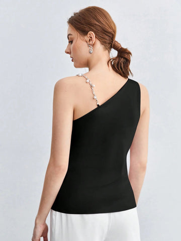 BizChic Pearl Decor Chain Strap Draped Neck Sleeveless Blouse