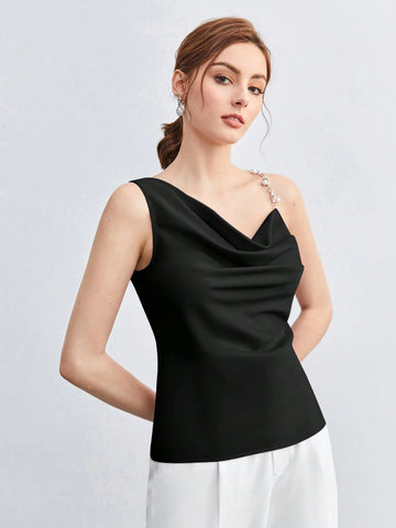 BizChic Pearl Decor Chain Strap Draped Neck Sleeveless Blouse