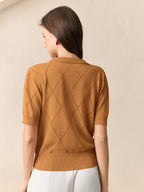 BizChic Women's Green Polo Collar Diamond Knit Short Sleeve Pullover Sweater shein