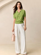 BizChic Women's Green Polo Collar Diamond Knit Short Sleeve Pullover Sweater shein