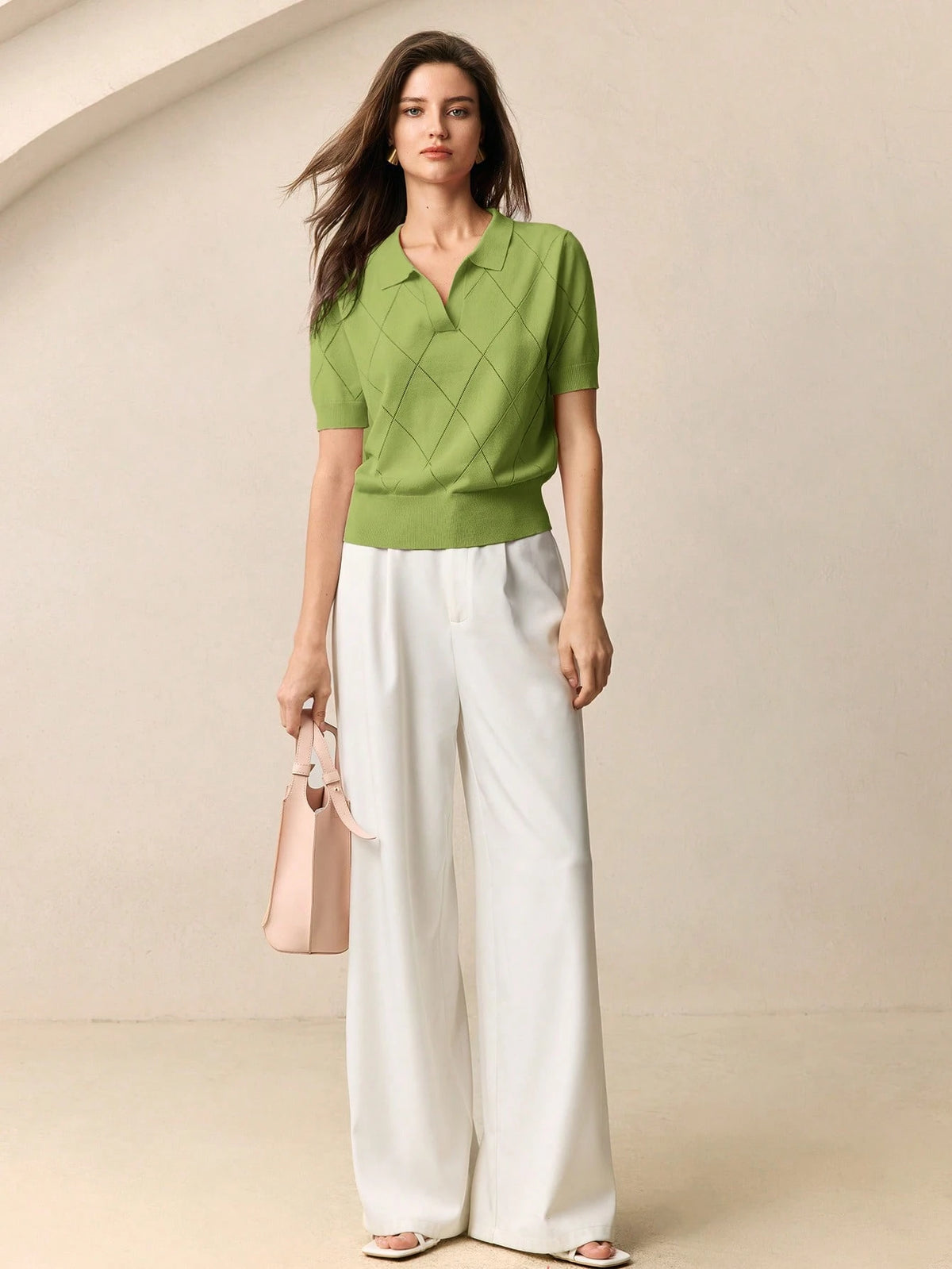 BizChic Women's Green Polo Collar Diamond Knit Short Sleeve Pullover Sweater shein