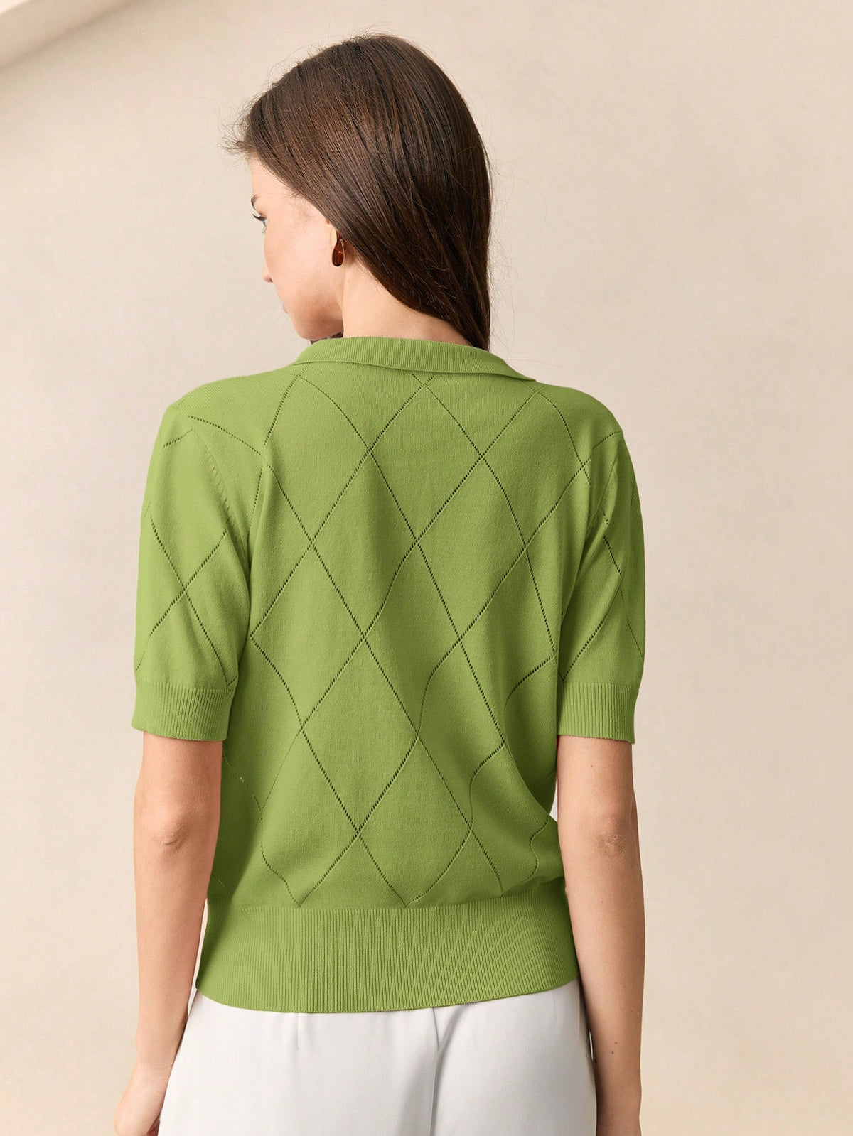 BizChic Women's Green Polo Collar Diamond Knit Short Sleeve Pullover Sweater shein