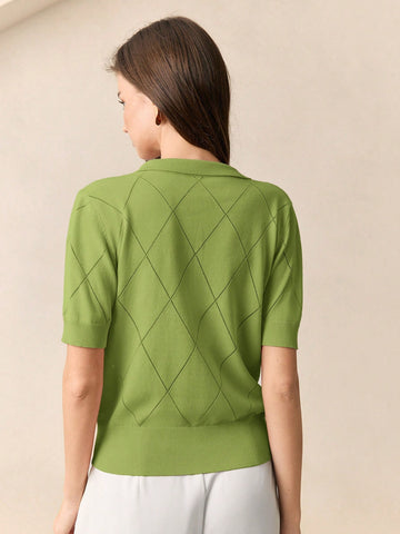 BizChic Women's Green Polo Collar Diamond Knit Short Sleeve Pullover Sweater