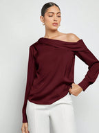 Women's Asymmetric One-Shoulder Ruched Draped Loose Long Sleeve Satin Blouse