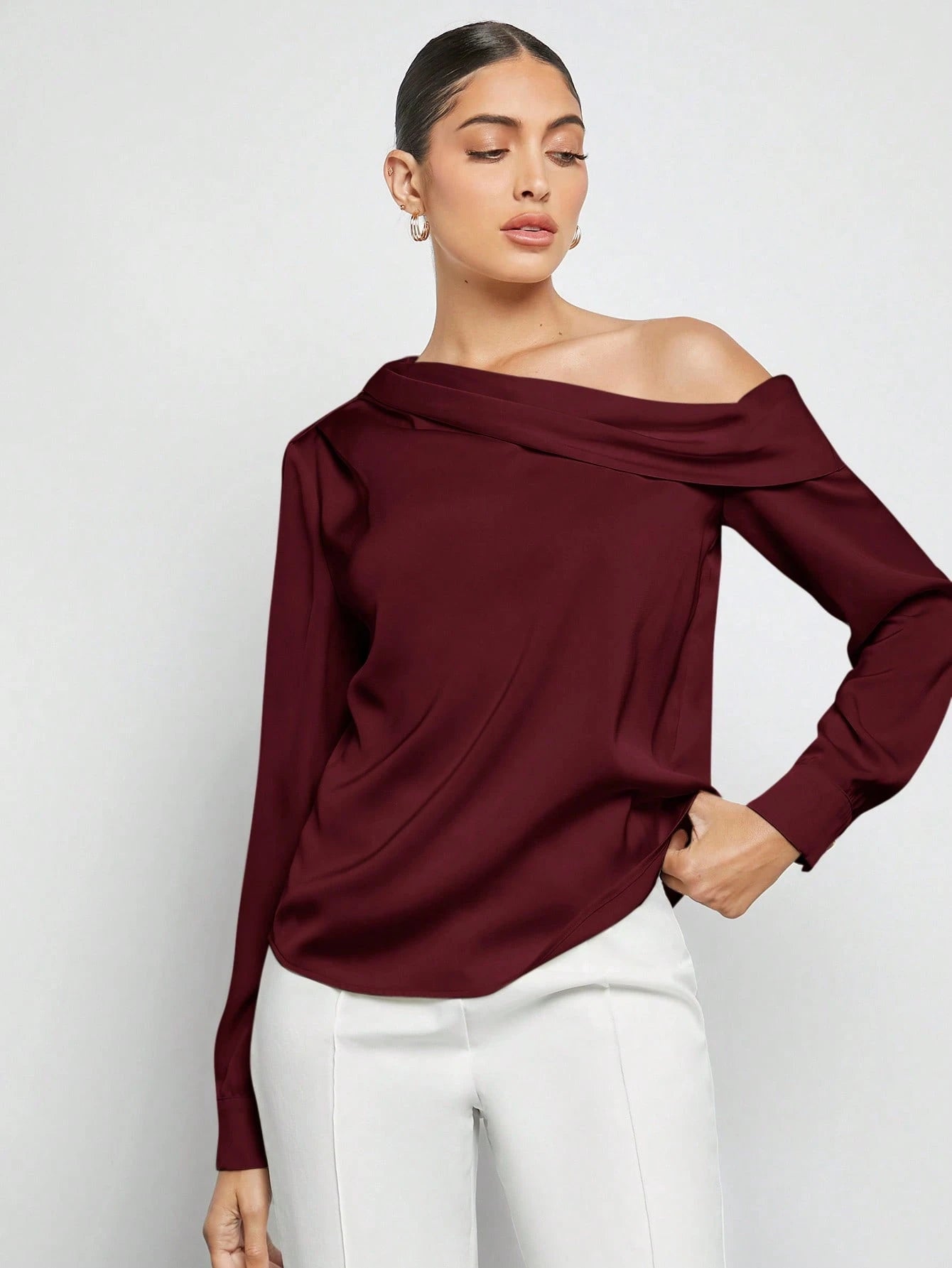 Women's Asymmetric One-Shoulder Ruched Draped Loose Long Sleeve Satin Blouse