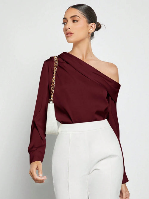 Women's Asymmetric One-Shoulder Ruched Draped Loose Long Sleeve Satin Blouse