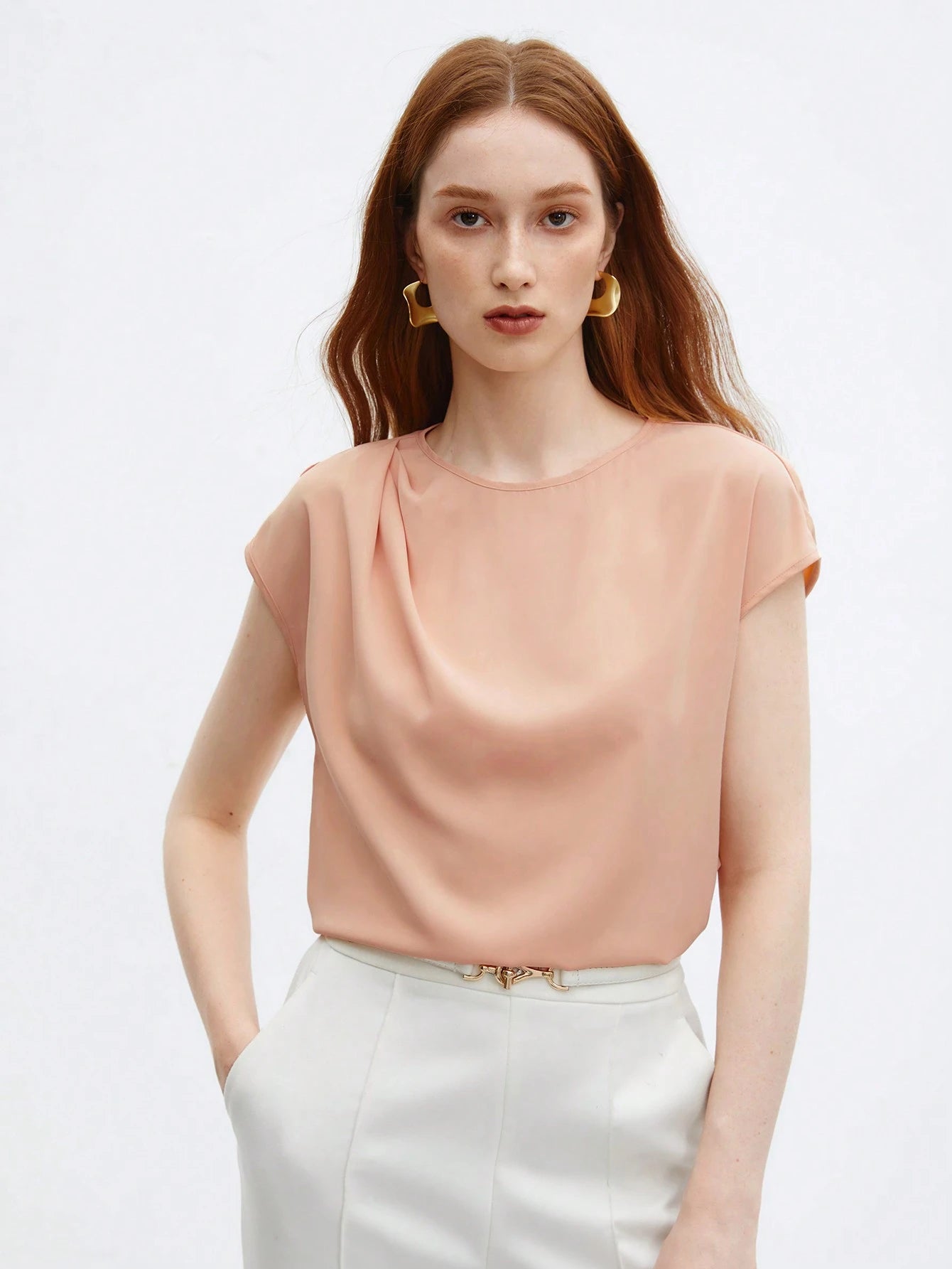 Crew Neck Gathered Shoulder Sleeve Blouse shein
