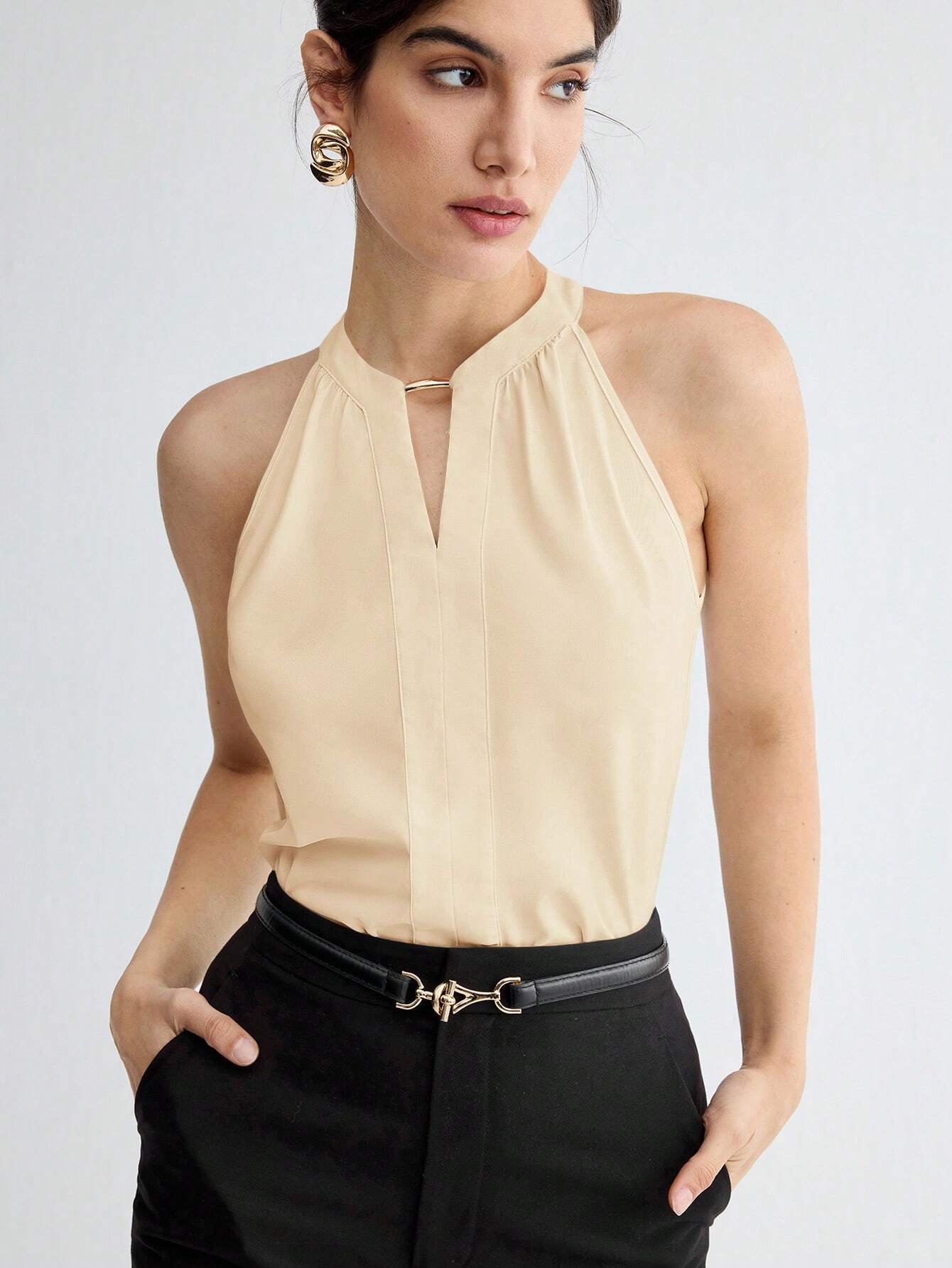 BizChic Women Summer Solid Color Halter Neck Elegant Sleeveless Top shein