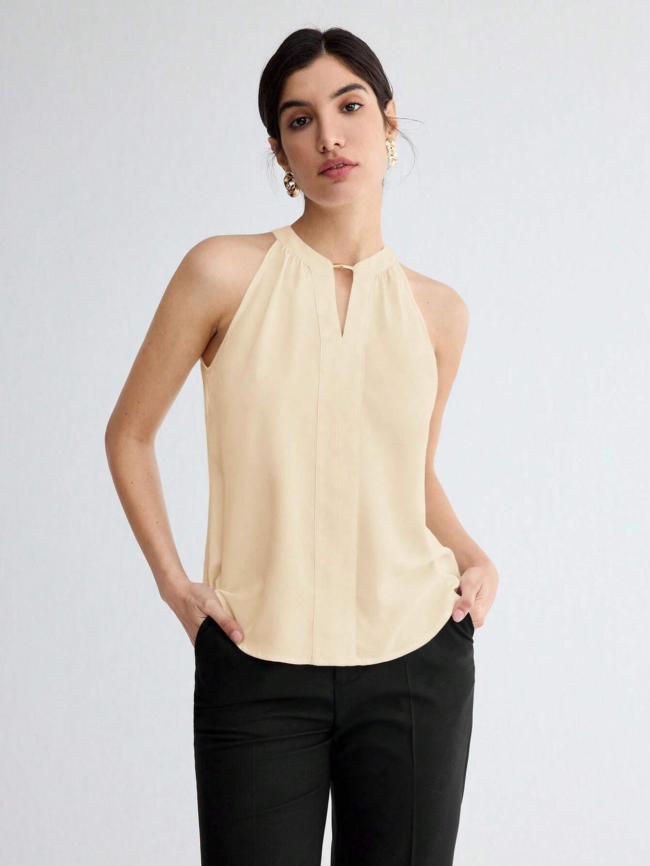 BizChic Women Summer Solid Color Halter Neck Elegant Sleeveless Top shein