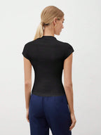 Round Collar Stitched Shoulder Cap Sleeve Women Blouse shein