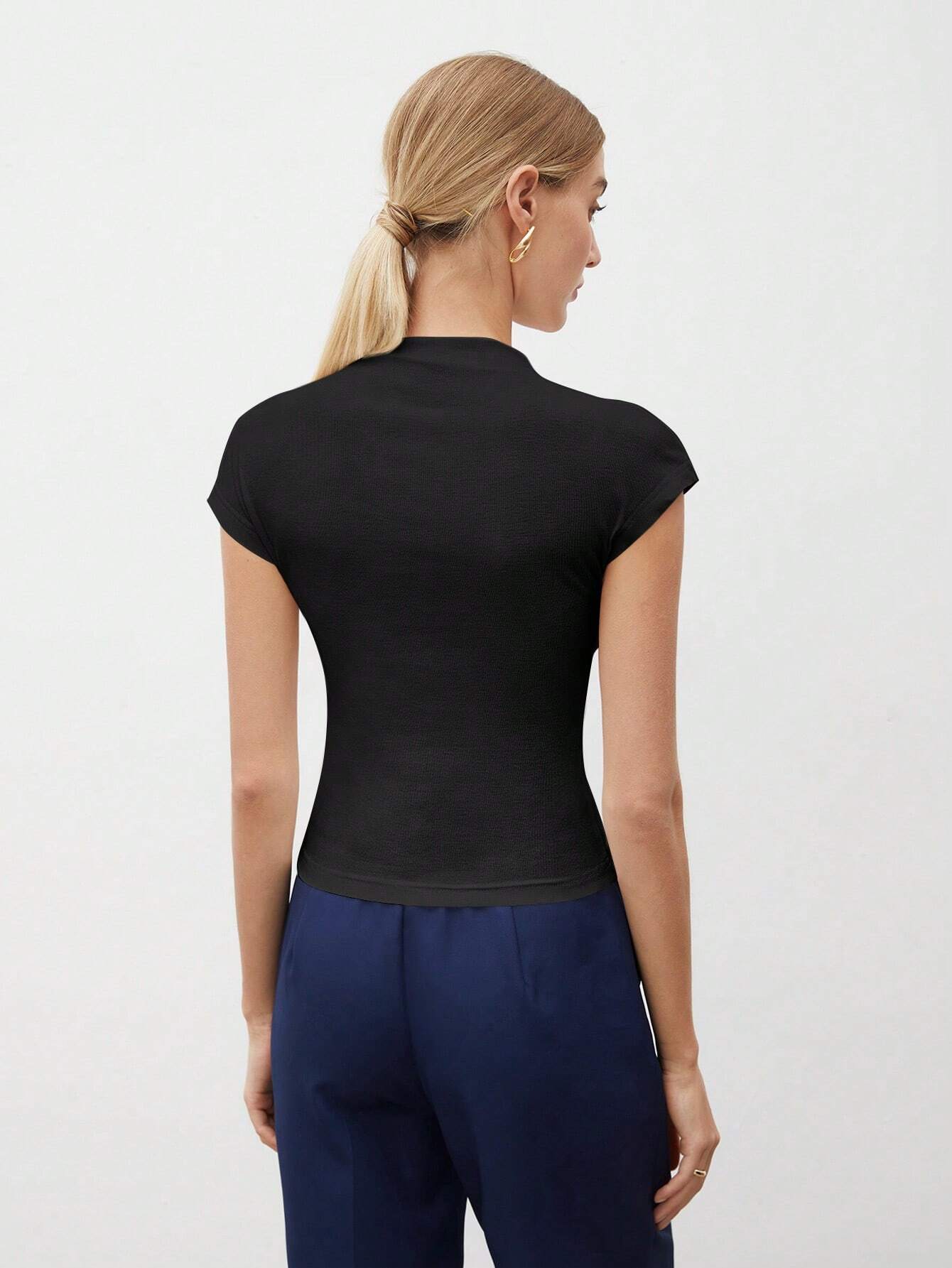 Round Collar Stitched Shoulder Cap Sleeve Women Blouse shein