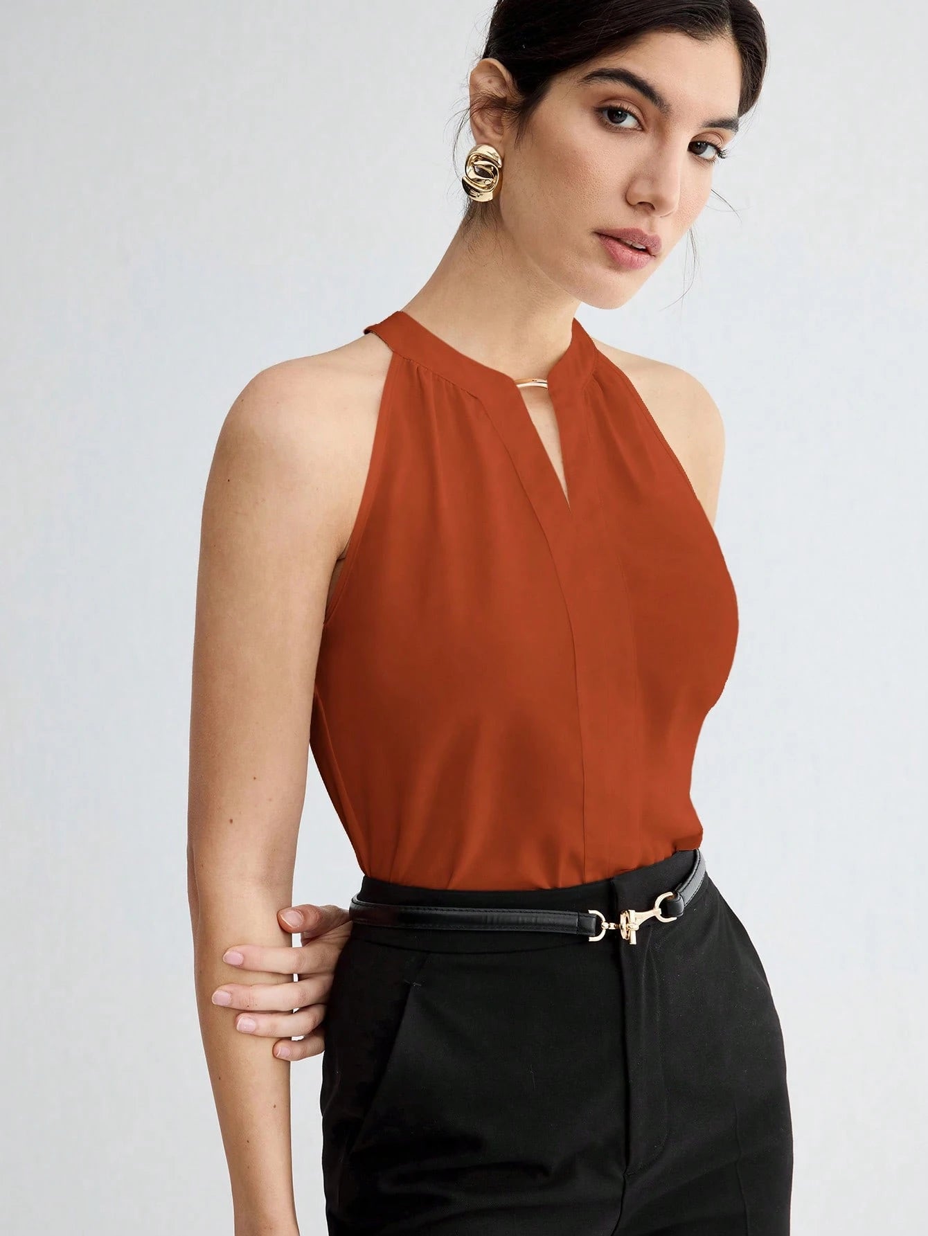 BizChic Women Summer Solid Color Halter Neck Elegant Sleeveless Top shein