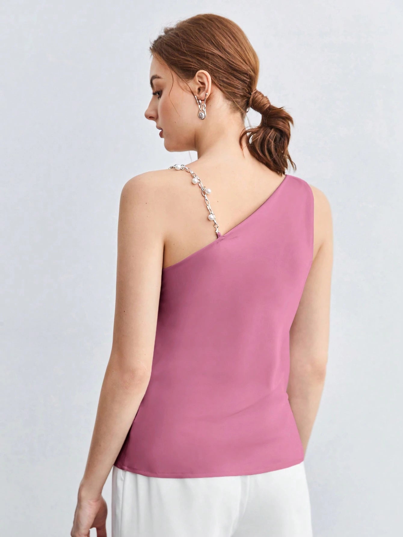 BizChic Pearl Decor Chain Strap Draped Neck Sleeveless Blouse shein