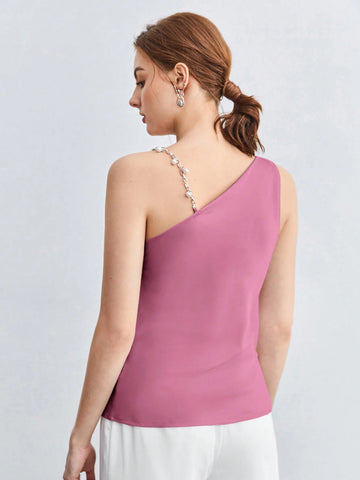 BizChic Pearl Decor Chain Strap Draped Neck Sleeveless Blouse