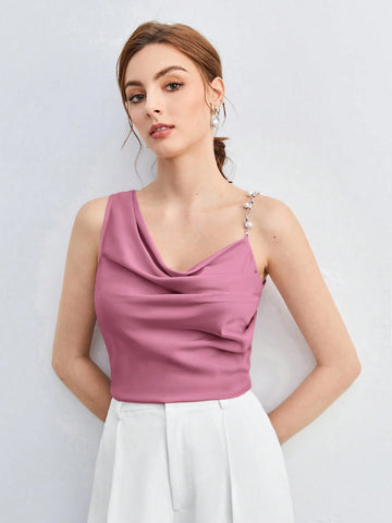 BizChic Pearl Decor Chain Strap Draped Neck Sleeveless Blouse