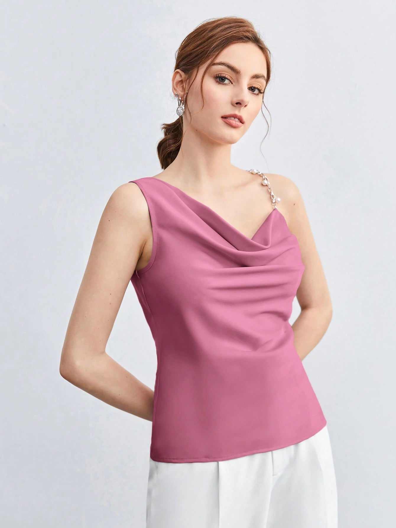 BizChic Pearl Decor Chain Strap Draped Neck Sleeveless Blouse shein
