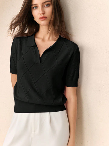 BizChic Women's Green Polo Collar Diamond Knit Short Sleeve Pullover Sweater