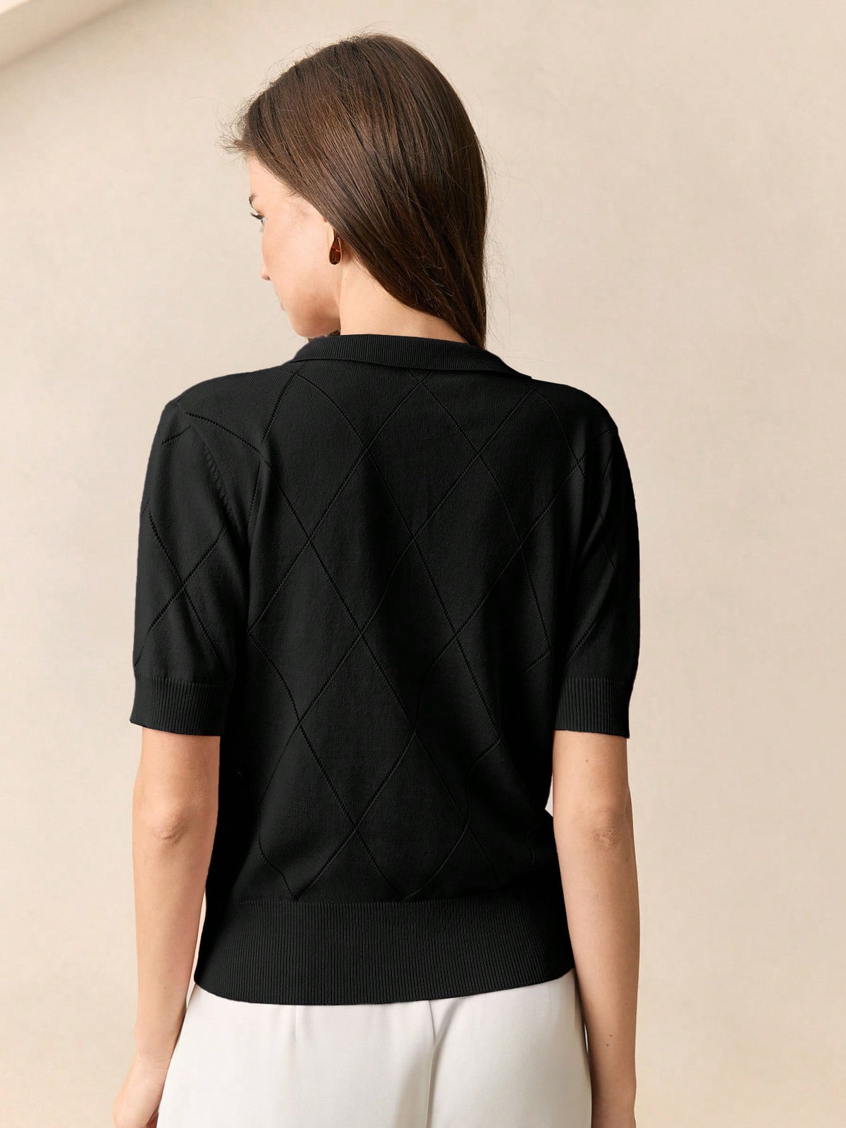 BizChic Women's Green Polo Collar Diamond Knit Short Sleeve Pullover Sweater shein