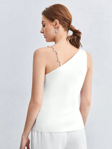 BizChic Pearl Decor Chain Strap Draped Neck Sleeveless Blouse