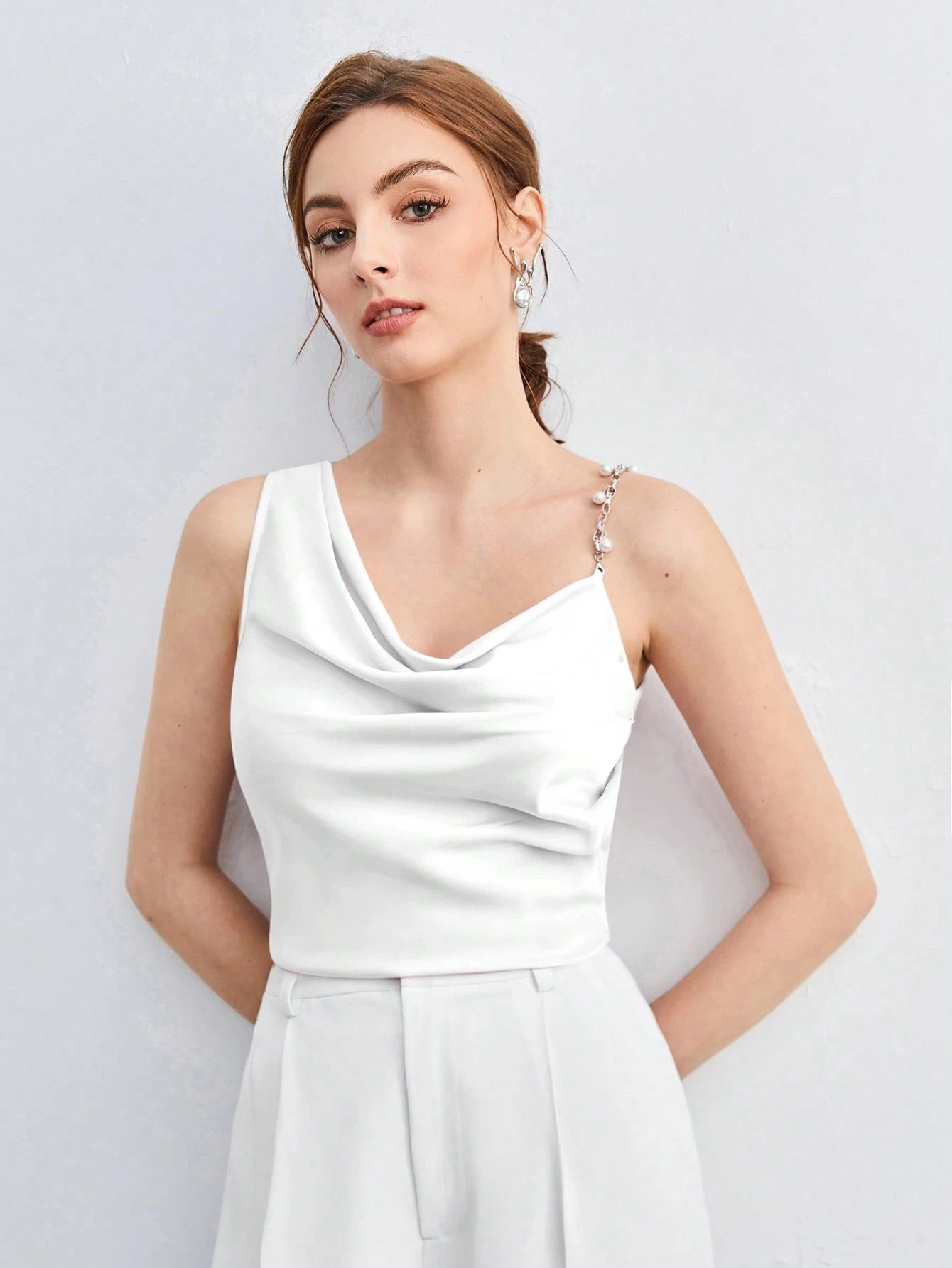 BizChic Pearl Decor Chain Strap Draped Neck Sleeveless Blouse shein
