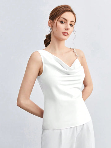 BizChic Pearl Decor Chain Strap Draped Neck Sleeveless Blouse