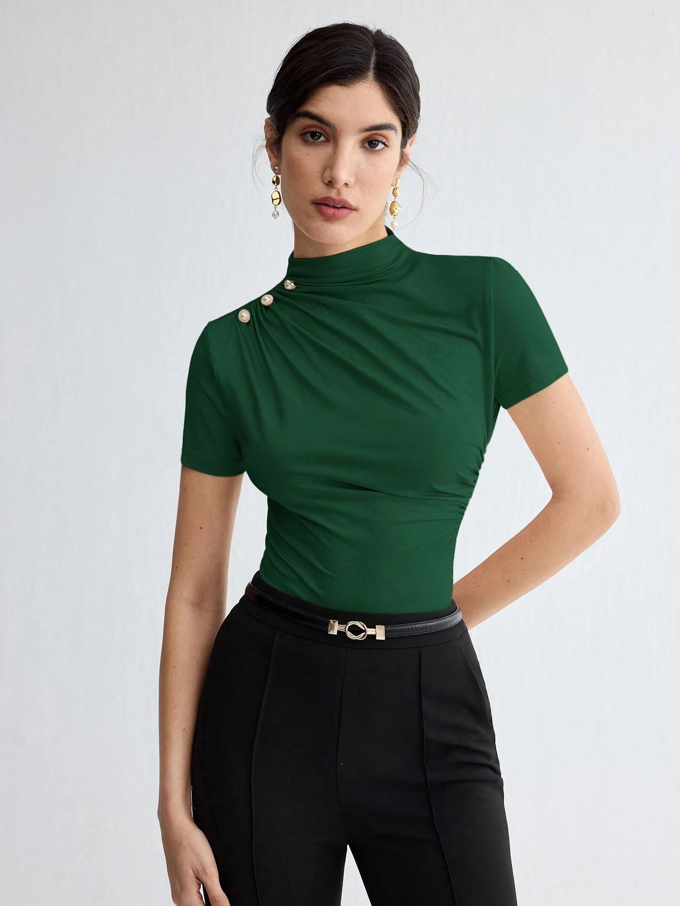 Stand Collar Ruched Shoulder Metallic Button Detail T-Shirt