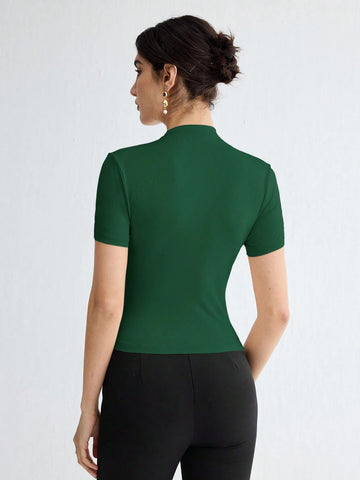 Stand Collar Ruched Shoulder Metallic Button Detail T-Shirt