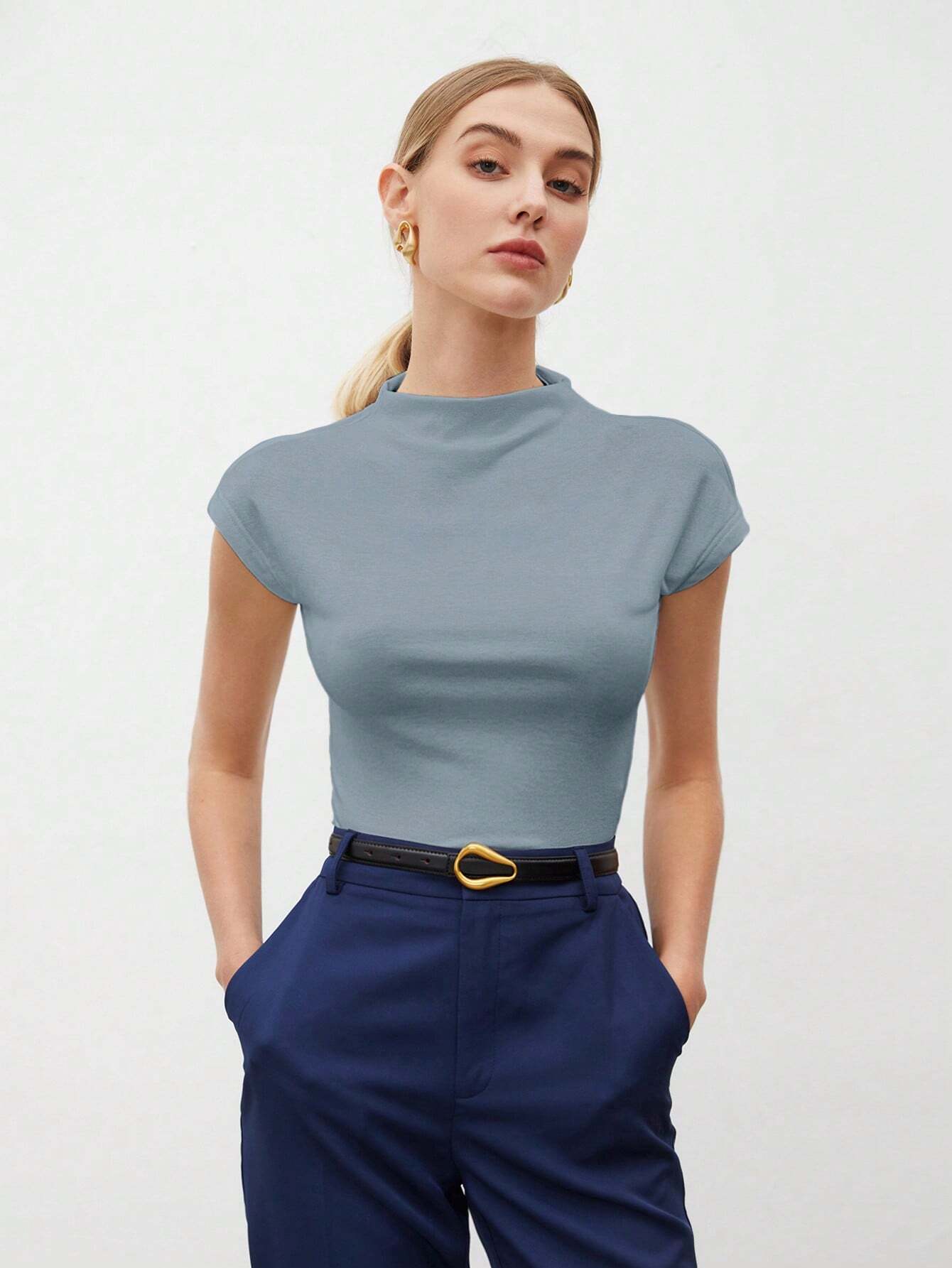 Round Collar Stitched Shoulder Cap Sleeve Women Blouse shein