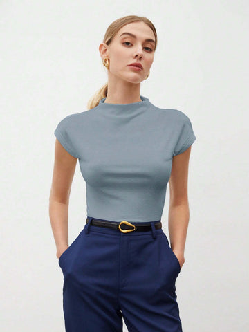 Round Collar Stitched Shoulder Cap Sleeve Women Blouse